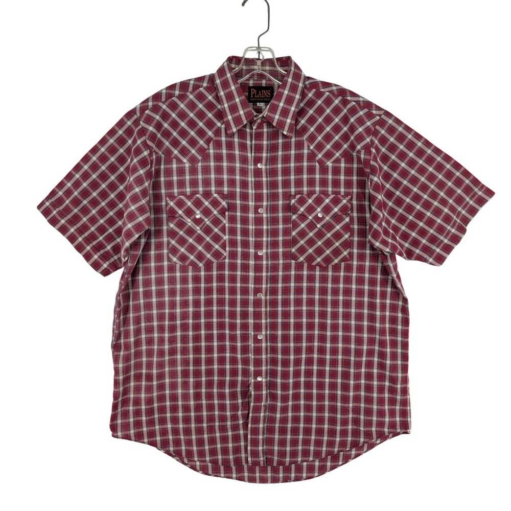 Plains Western Wear Shirt Large Red Plaid Pearl Snap Short Sleeve Cowboy Retro